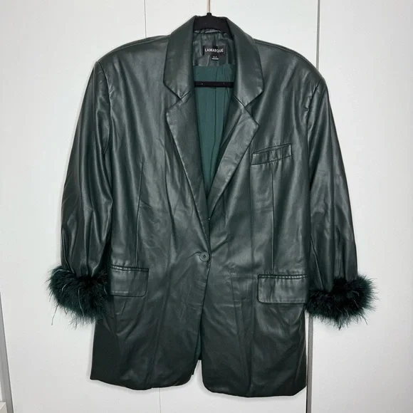 Lamarque Galia Blazer Dress Jacket Feather Trim Dark Jade XS/S - Picture 2 of 10